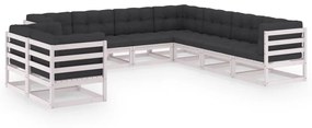 Set mobilier de gradina cu perne, 9 piese,alb,lemn masiv de pin Alb, 1, Da