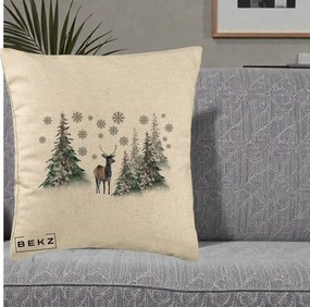 Perna Decorativa Ren in Padure Inzapezita, 40x40 cm, Bej, Husa Detasabila, Perna Inclusa, BEKZ®