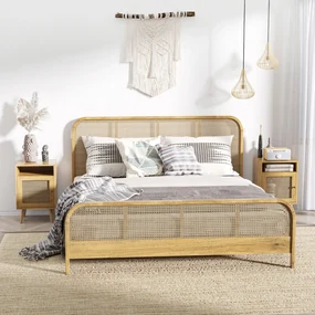 HOMCOM Set 2 Noptiere Moderne cu Dulap și Raft Deschis PAL Ratan MDF pentru Dormitor și Living 39x35x60 cm | Aosom Romania