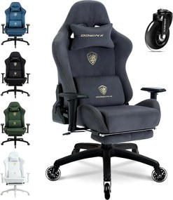 DOWINX 68A - Scaun Gaming Ergonomic, Extra-Lat și Construcție Heavy-Duty, Masaj in perna lombara, Material Textil respirabil, Suport picioare, Roti Silicon, Rezistent 150 kg, Gri Inchis