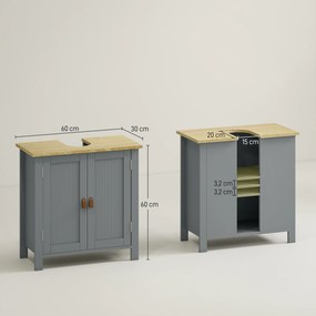 kleankin Mobilier subchiuvetă 2 uși raft reglabil 2 etaje în interior mânere din PU 60 x 30 x 60 cm gri | Aosom Romania