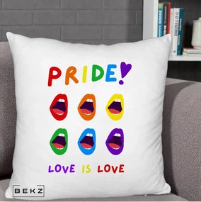 Perna Personalizata Pride Love is Love Curcubeu, 40x40 cm, Alb Pufos, Husa Detasabila, Perna Inclusa, BEKZ®