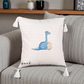 Perna Decorativa Brontosaur cu Ou, 40x40 cm, Bej cu Franjuri, Husa Detasabila, Perna Inclusa, BEKZ®