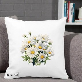 Perna Decorativa Buchet Margarete Albe Acuarela, 40x40 cm, Alba Mata, Husa Detasabila, Perna Inclusa, BEKZ®