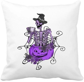 Perna Decorativa cu motiv Sechelet de Halloween 4, 40x40 cm, Alba, Mata, Husa Detasabila, Burduf