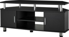 Comoda TV moderna HOMCOM, cu 2 compartimente inchise, raft, blat, benzi antiderapante, picioare din otel inox, din lemn, negru | Aosom Romania