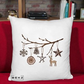 Perna Decorativa Ornamente de Lemn pe Ramura, 40x40 cm, Alb Pufos, Husa Detasabila, Perna Inclusa, BEKZ®