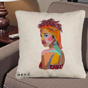 Perna Decorativa Portret Femeie Colorat Pop Art, 40x40 cm, Bej Canapea, Husa Detasabila, Perna Inclusa, BEKZ®