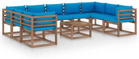 Set mobilier de gradina, 10 piese, cu perne albastru deschis Albastru deschis, 4x colt + 5x mijloc + masa, 1