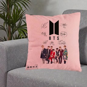 Perna Personalizata K-pop BTS Semnaturi Foto, 40x40 cm, Roz, Husa Detasabila, Perna Inclusa, BEKZ®