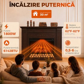 HOMCOM Șemineu electric de podea/încastrabil, 1800 W, cu ramă, raft pentru TV de până la 55", efect de flacără 3D și timer, maro | Aosom Romania