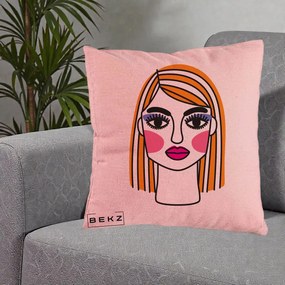 Perna Decorativa Portret Pop Art Fata, 40x40 cm, Roz, Husa Detasabila, Perna Inclusa, BEKZ®