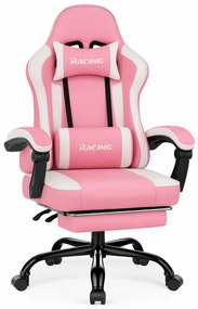 Scaun gaming, Masaj în perna lombară, Suport picioare, Rabatabil 90-165°, piele PU, Roz/Alb
