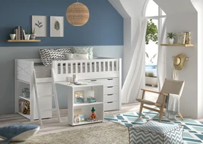 Set pat semi-supraetajat pentru copii SCOTT, alb, 90 x 200 cm, din pin scandinav și MDF, cu birou glisant, bibliotecă și comodă cu 4 sertare – Vipack