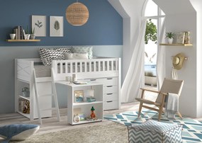 Set pat semi-supraetajat pentru copii SCOTT, alb, 90 x 200 cm, din pin scandinav și MDF, cu birou glisant, bibliotecă și comodă cu 4 sertare – Vipack