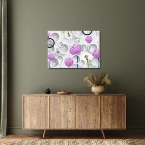 Tablou pe sticlă cu abstracție 3D cu cercuri și flori (70x50 cm)