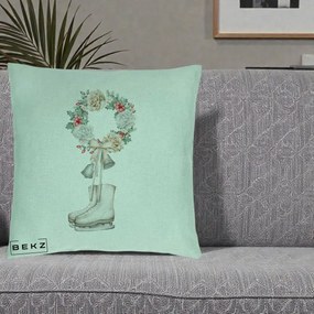 Perna Decorativa Patine cu Coroana Florala de Craciun, 40x40 cm, Verde Menta, Husa Detasabila, Perna Inclusa, BEKZ®