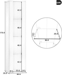 Vitrină multifuncțională cu perete despărțitor din sticlă, lumină LED cu schimbare de culoare, 40x29x170 cm, Alb