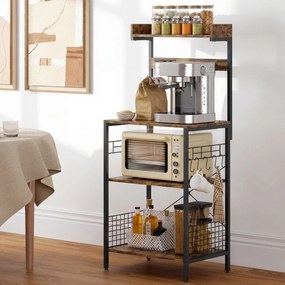 HOMCOM Estantería de Cocina con 2 Tomacorrientes Estante para Microondas Estante Ajustable Ganchos 60x42x137 cm Marrón Rústico | Aosom Romania