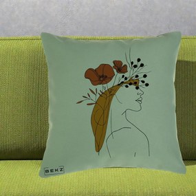 Perna Decorativa Portret Feminin Maci Rosii Auriu, 40x40 cm, Verde, Husa Detasabila, Perna Inclusa, BEKZ®
