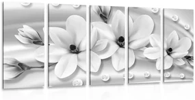 Tablou 5-piese magnolie de lux cu perle în design alb-negru