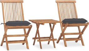 vidaXL Set mobilier exterior pliabil cu perne, 3 piese, lemn masiv tec