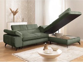 Colțar verde cu tapițerie din catifea reiată (cu colț pe partea dreaptă/în formă de ”L”) Marbeya – Ropez