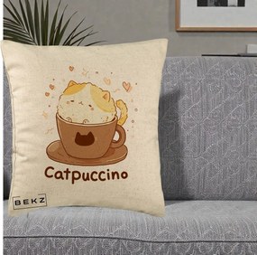 Perna Decorativa Catpuccino Pisica Cappuccino, 40x40 cm, Bej, Husa Detasabila, Perna Inclusa, BEKZ®
