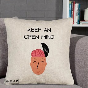Perna Decorativa Keep An Open Mind, 40x40 cm, Bej Canapea, Husa Detasabila, Perna Inclusa, BEKZ®