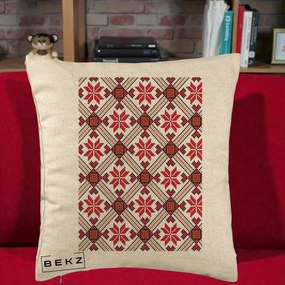 Perna Personalizata Motiv Traditional Ie Romaneasca Rosu, 40x40 cm, Bej, Husa Detasabila, Perna Inclusa, BEKZ®