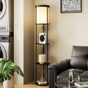 HOMCOM Lampă de podea cu 3 rafturi, design rotund, telecomandă, comutator de picior, temperatură de lumină reglabilă, pentru living, Negru | Aosom Romania