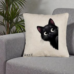 Perna Decorativa Pisica Neagra Dragalasa Curioasa, 40x40 cm, Bej Canapea, Husa Detasabila, Perna Inclusa, BEKZ®