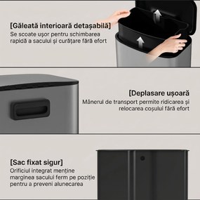 HOMCOM Coș de Gunoi cu Pedală de 50L cu Capac Amortizat, Deschidere la 90° și Găleată Detașabilă, Oțel Inoxidabil, Gri | Aosom Romania