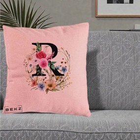 Cadou Personalizat - Perna Personalizata Monogram Litera R cu Flori Acuarela, 40x40 cm, Roz, Husa Detasabila, Perna Inclusa, BEKZ®