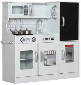 AIYAPLAY Bucătărie pentru copii, bucătărie de jucărie cu telefon, tablă, cuptor cu microunde, cuptor, chiuvetă, accesorii, mașină de cuburi de gheață, 3-8 ani, alb | Aosom Romania