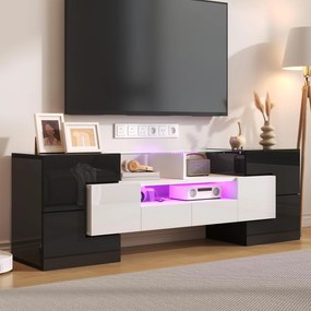 Dulap TV cu iluminare LED, suprafețe din sticlă, cu 6 uși, 2 sertare și 3 compartimente, 145x30x51 cm, Alb+Negru