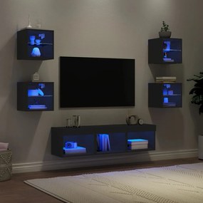 vidaXL Unități de perete TV cu LED-uri, 7 piese, negru, lemn prelucrat