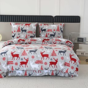 Set Lenjerie cocolino MERRY CHRISTMAS DEER gri + Cearsaf Cocolino microplus cu elastic SOFT 180x200 cm alb, pat dublu
