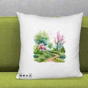 Perna Decorativa Gradina Primavara Acuarela, 40x40 cm, Alb Pufos, Husa Detasabila, Perna Inclusa, BEKZ®