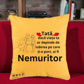 Cadou pentru Tata - Perna Personalizata Tata Nemuritor Baietel, 40x40 cm, Galben, Husa Detasabila, Perna Inclusa, BEKZ®