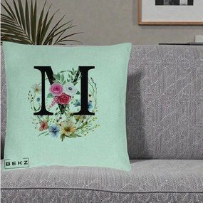 Cadou Personalizat - Perna Personalizata Monogram Litera M cu Flori Acuarela, 40x40 cm, Verde Menta, Husa Detasabila, Perna Inclusa, BEKZ®