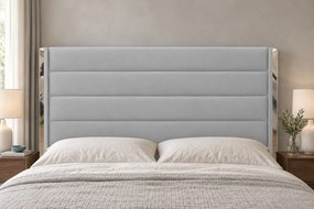 Pat tapițat din catifea Veyra 160×200 cm, gri deschis, detalii argintii, cu ladă de depozitare