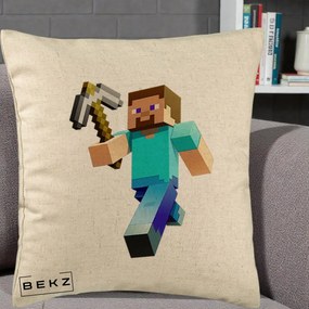 Perna Personalizata Minecraft Steve cu Tarnacop, 40x40 cm, Bej, Husa Detasabila, Perna Inclusa, BEKZ®