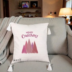 Perna Decorativa Merry Christmas Brazi Roz, 40x40 cm, Bej cu Franjuri, Husa Detasabila, Perna Inclusa, BEKZ®