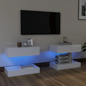 804278 vidaXL Comode TV cu lumini LED, 2 buc., alb extralucios, 60x35 cm