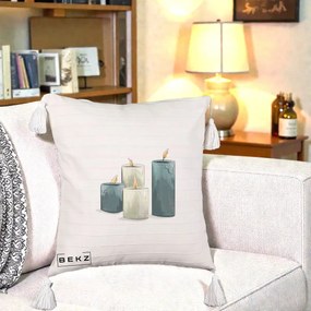 Perna Decorativa Lumanari Hygge Alb-Verde, 40x40 cm, Bej cu Franjuri, Husa Detasabila, Perna Inclusa, BEKZ®