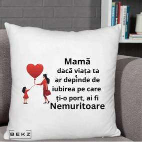 Cadou pentru Mama - Perna Personalizata Mama Nemuritoare cu Bebelus Kawaii, 40x40 cm, Alb Pufos, Husa Detasabila, Perna Inclusa, BEKZ®