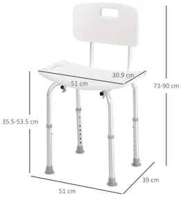 HOMCOM Scaun de Duș Antiderapant cu Spătar și Înălțime Reglabilă pe 8 Poziții, 50,6x43x71-88 cm, Alb | Aosom Romania