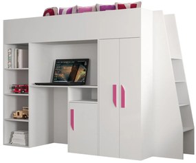 Pat pentru copii combinat 90 cm Puro 15 (alb mat + alb lucios + mânere roz). 1087100