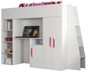 Pat pentru copii combinat 90 cm Puro 15 (alb mat + alb lucios + mânere roz). 1087100